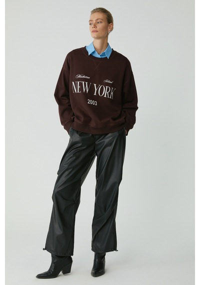 ETHIQUET PETRABB Kadın Içi Polarlı Yumuşacık Comfort Önü Nakışlı Örme Bordo Büyük Beden Sweatshirt