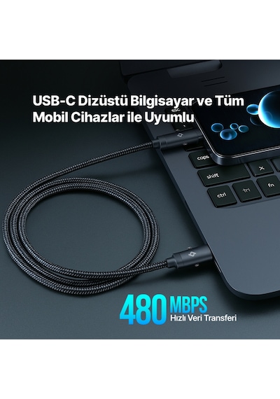 Ttec Extremecable Hip Çok Fonksiyonlu Ekstra Dayanıklı USB-C –USB-C 60W PD/Qc 120 CM Hızlı Şarj/Data Kablo Siyah