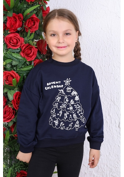 Kız Çocuk Relax Fit Bisiklet Yaka Düşük Omuz Baskılı Sweatshirt - 2 İplik Lacivert