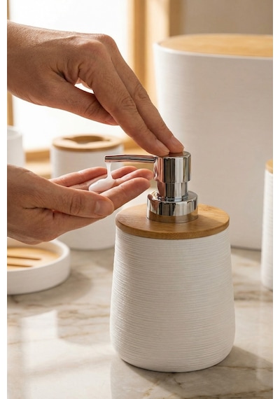 Makri Home 6 Parça Bambu Kapaklı Banyo Seti, Beyaz, Oval, Hacim: 8 Litre