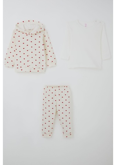Breeze Kız Bebek Bodyli 3 Lü Takım Kalp Desenli Önden Çıtçıtlı 4 Ay-1 Yaş, Krem