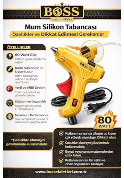 Boss 80 Watt Silikon Tabancası, Kalın 11 Mm Silikon Çubuk Uyumlu, Güçlü Ve Hızlı Yapıştırma Performansı, Yer