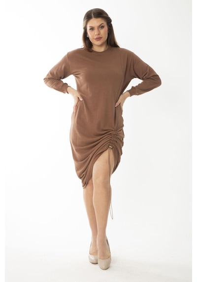 Şans Kadın Büyük Beden Kemik Eteği Lastik Büzmeli Sweatshirt Elbise 65n37082-taba Taba