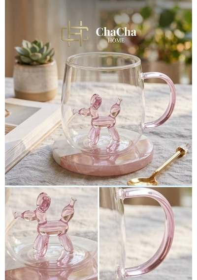 Chacha Home Figürlü Borosilikat Cam Kupa 350 Ml - Renkli Kulplu Bardak - El Yapımı Cam Figürlü Sunum Kupası Beyaz