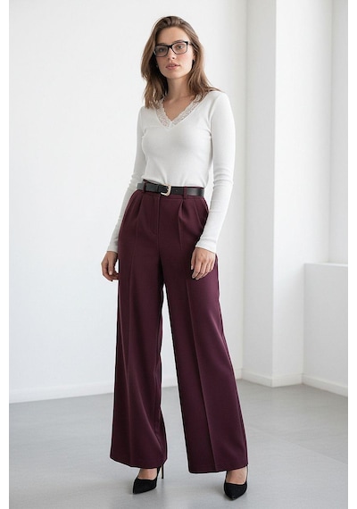 Madmext Mürdüm Yüksek Bel Pileli Kemerli Geniş Paça Kadın Pantolon Mg2615 Mürdüm