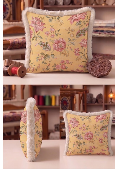 Çiçek Desen Vintage Saçaklı Yastık Kılıfı-romantik Bahar Country Pembe Vizon Püsküllü Kırlent Kılıfı Bordo