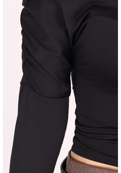 Armonika Kadın Siyah Kolları Büzgülü Crop Bluz Arm-26k042015