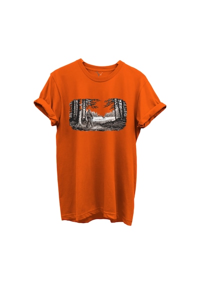 Avcı Ve Geyik Orman Manzarası Çizim Baskılı %100 Pamuk Regular Fit Bisiklet Yaka Unisex T-shirt Turuncu