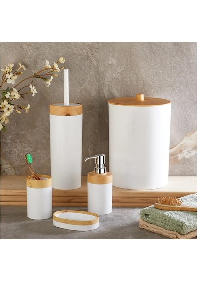 Bersachef Limpia Bambu Desenli 5'li Banyo Seti Çöp Kovası Sıvı Sabunluk Diş Fırçalık Kutusu Banyo Seti Beyaz