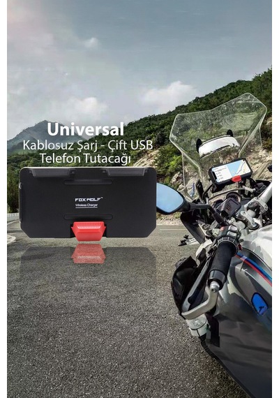 Universal Motosiklet Telefon Ve Gps Navigasyon Tutacağı Kablosuz Hızlı Şarjlı Çift Usb Girişli Siyah