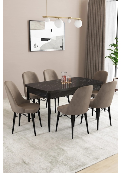 Familieconcept Almira Serisi, Siyah Mermer Desen 80x132 Açılabilir Mdf Mutfak Masası Takımı 6 Adet Sandalye Cappucino Familieconcept Almira Serisi, Siyah Mermer Desen 80x132 Açılabilir Mdf Mutfak Masası Takımı 6 Adet Sandalye Cappucino