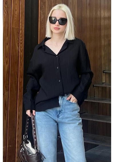 Madmext Siyah Uzun Kollu Çizgili Oversize Gömlek Mg2080-siyah Siyah