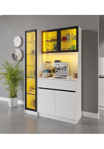 Moon Midi Sol Vitrinli Kahve Köşesi Komple Mdf Led Mutfak Dolabı Beyaz