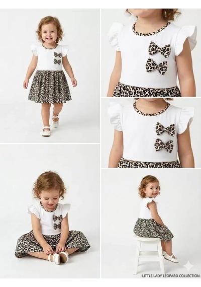 Najmaddin.com Baby 1/4 Yaş Çift Fiyonklu Leopar Baskılı Çocuk Elbisesi Najmaddin Beyaz