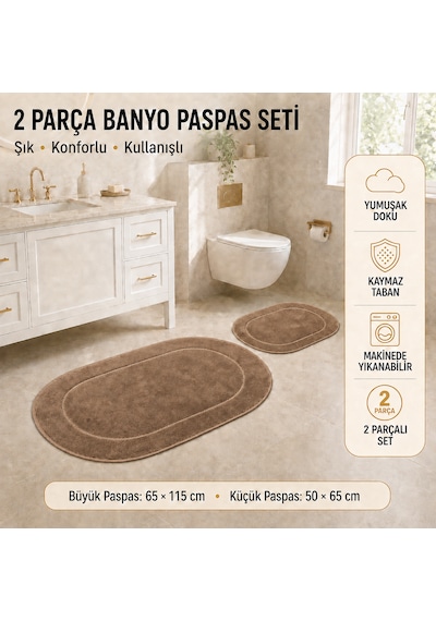Rixos 2'li Banyo Halısı Paspası Seti Kaymaz Tabanlı Klozet Takımı Açık Kahve