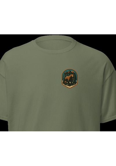 Wildstyle Boz Ayı Renkli Vintage Yaban Hayat Doğa Orman Rozet Baskılı Unisex Bisiklet Yaka Pamuklu Tişört Haki
