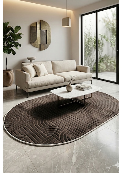 Modern Oval Halı Bambu Dokulu Kaymaz Taban Yumuşak Salon Yatak Odası Halısı Antrasit