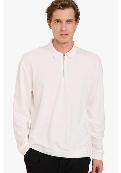 Defacto Regular Fit Polo Yaka Yarım Fermuarlı Sweatshirt G7492ax25auer105 Ekru-er105