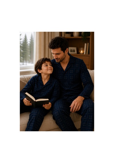 Free Beka Ekose Desenli Baba Oğul Uzun Kollu Gömlek Yaka Düğmeli Erkek Pijama Takımı Lacivert