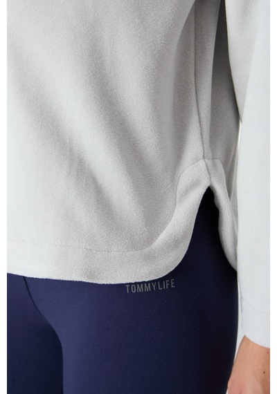 Tommy Life Taş Kalın Yumuşak Dokulu Kapüşonlu Oversize Nakışlı Polar Kadın Sweatshirt -97286 Taş