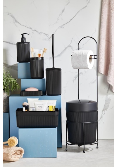 7 Parça Siyah Banyo Seti Metal Stantlı Kovalı Wc Kağıtlık Kozmetik Kutusu Diş Fırçalık Ve Sabunlukla