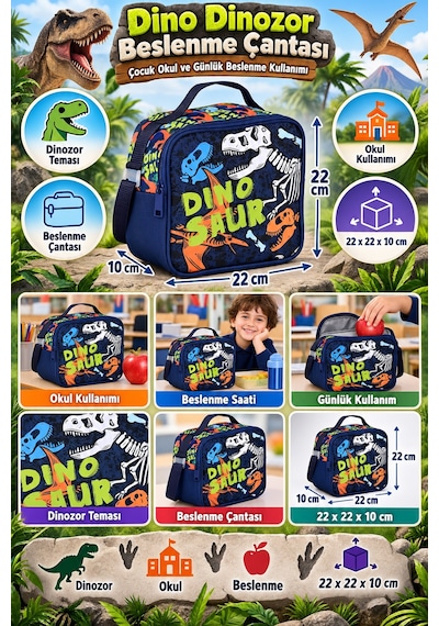 Dino Dinozor Beslenme Çantası Çocuk Öğrenci Okul Yemek Çantası Günlük Kullanım 22x22x10 Cm Çok Renkli