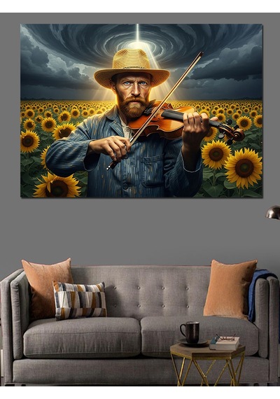 Çiçek Tarlasında Keman Çalan Van Gogh Dekoratif Kanvas - Mdf Ahşap Tablo