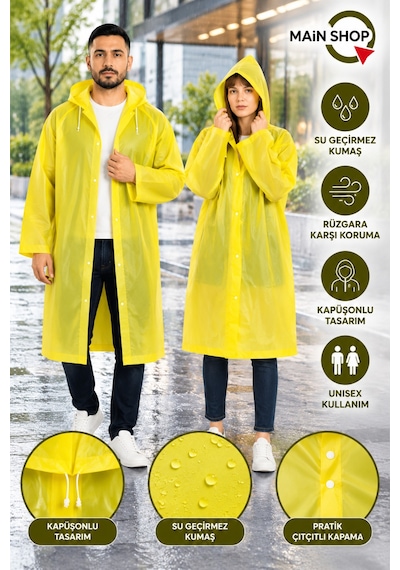 Mainshop Unisex Yağmurluk Kapüşonlu Çıtçıtlı Su Geçirmez Uzun Yağmurluk Kadın Erkek Sarı
