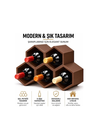 Kahverengi Modern Şarap Stand 5 Hazneli Şık Tasarım Şarap Şişe Organizer Stand