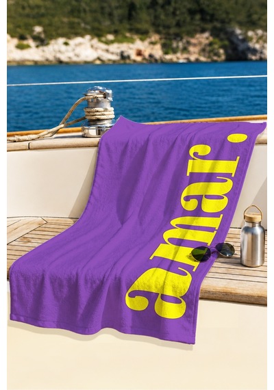 Amar Yazılı Tipografik Plaj Havlusu - Mor Sarı Minimalist Havuz Deniz Hızlı Kuruyan Mikrofiber Havlu Kıyı Papatya