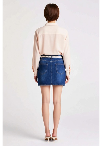 Benerly Kadın Orta Bel Dantel Kemerli Kalem Kesim Mini Denim Etek %100 Pa Mavi