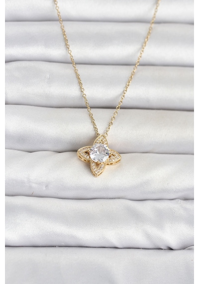 316l Çelik Zincir Gold Renk Yonca Model Kadın Kolye Açık Mavi 71170181