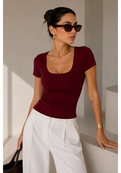 Bb Butik Basic Soft Touch Kare Yaka Body Tulum Astarlı Md3535 Bordo