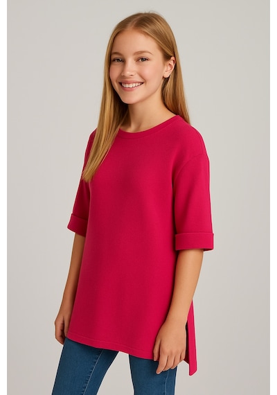 Kadın Oversize Kalıp Bürümcük Kumaş Duble Kol Yandan Yırtmaçlı T-shirt Bluz - T954 Pembe