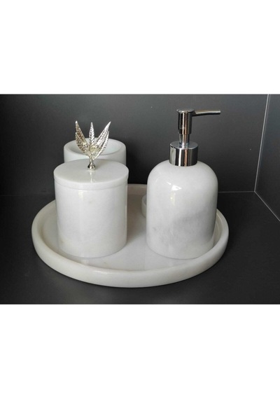Beyaz Mermer Gümüş Zeytin Dalı Aksesuarlı 5'li Banyo Seti Beyaz
