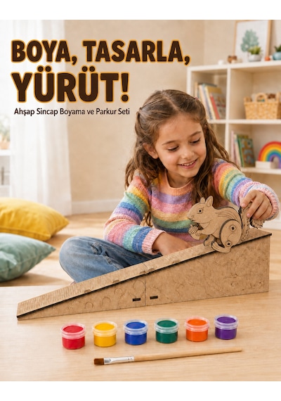 Çocuk Ahşap Hareketli Sincap Boyama Seti 6 Renk Boya, Fırça Ve Kolay Montaj Parkuru