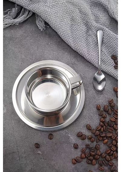 Çelik 2 Adet 3 Parça 200 Ml Çift Cidar Espresso Kahve Fincan Seti Sunum Bardağı Gri