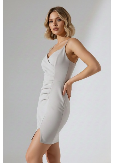 Defymoda Kadın Esnek Yapılı İnce Askı Elbise Gri