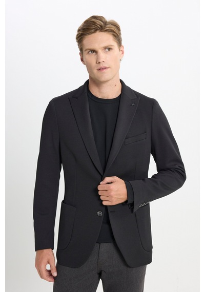 Ac&co Erkek Sıyah Slim Fit Dar Kesim Kırlangıç Yaka Desenli Torba Cepli Ceket Siyah