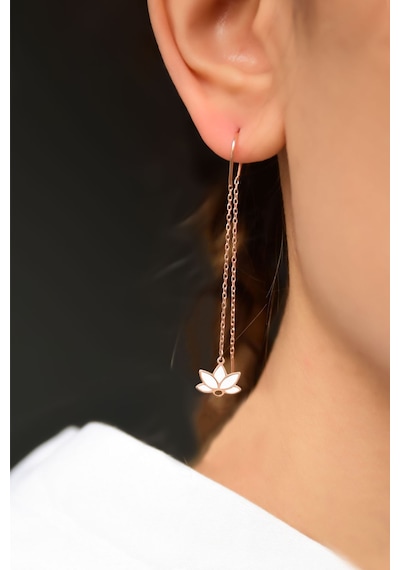 Papatya Silver 925 Ayar Gümüş Rose Kaplama Parlayan Rüya Serisi Tasarım Beyaz Cam Boyalı Lotus Zincir Küpe