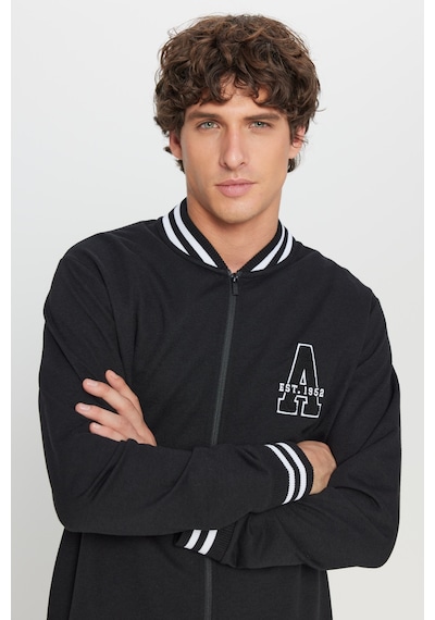 AC&Co / Altınyıldız Classics Erkek Sıyah 2 İplik Pamuklu Standart Fit Normal Kesim Fermuarlı Kolej Yaka Yan Cepli Sweatshirt Siyah