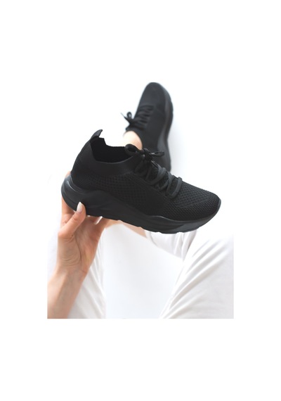 Kadın Triko Sneaker Bağcıklı Çorap Bileklik Detaylı Spor Ayakkabı 017 Siyah