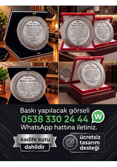 Kadife Kutulu Gümüş Metal Tabak Plaket Kişiye Özel Baskılı Ödül Hediye Plaketi Siyah