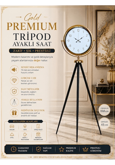 Gold Premium Dekoratif Tripod Ayaklı Saat