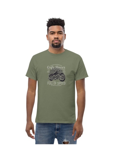 Wildstyle Cafe Racer Full Of Speed Motosiklet Vintage Hız Baskılı Unisex Bisiklet Yaka Pamuklu Tişört - Haki