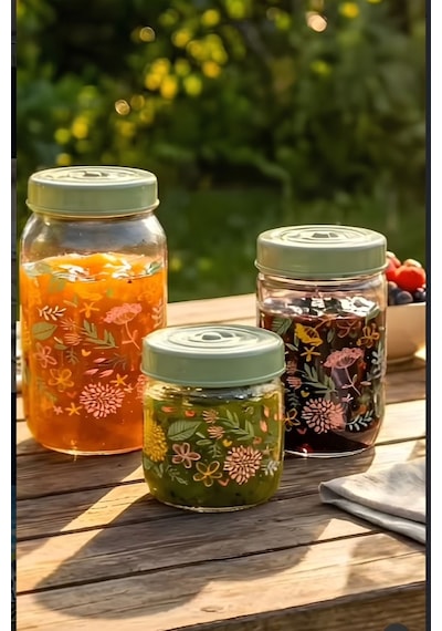 3 Lü Desenli Cam Baharatlık Seti, Kapaklı Çay Şeker Kahve Baharat Saklama Kabı 1000+660+425ml Şeffaf