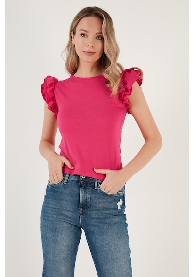 Lela Pamuklu Kolları Fırfırlı Slim Fit Bisiklet Yaka Bayan T Shirt 5864500 Fuşya