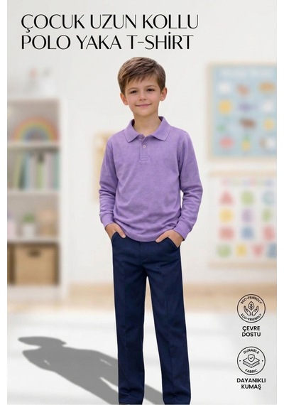 Erdem Kıds Unisex Kız Erkek Çocuk Polo Yaka Pamuklu Uzun Kol Lila Günlük Basic Okul Tişört Lila Lila
