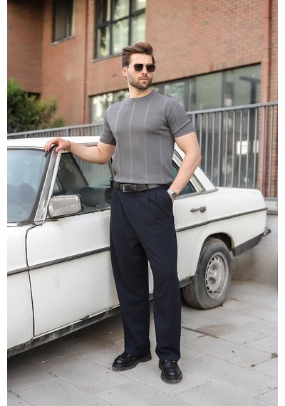 Madmext Antrasit Regular Fit Bisiklet Yaka Fitilli Triko Erkek Tişört E7490