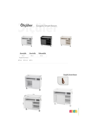 Creo Mobili Sürgü Kapaklı Organizer Smart Keson, Frenli Tekerlekli Ofis Ve Ev Komodini, Antrasit